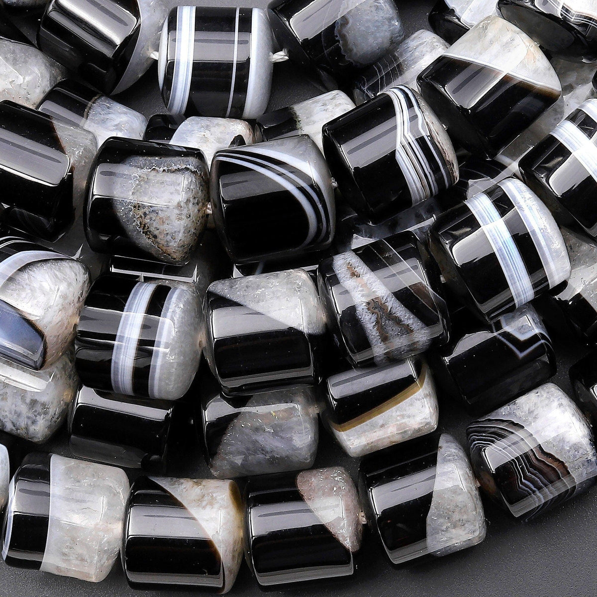 Natural Black Tuxedo Agate Smooth Short Cylinder Beads W/ White