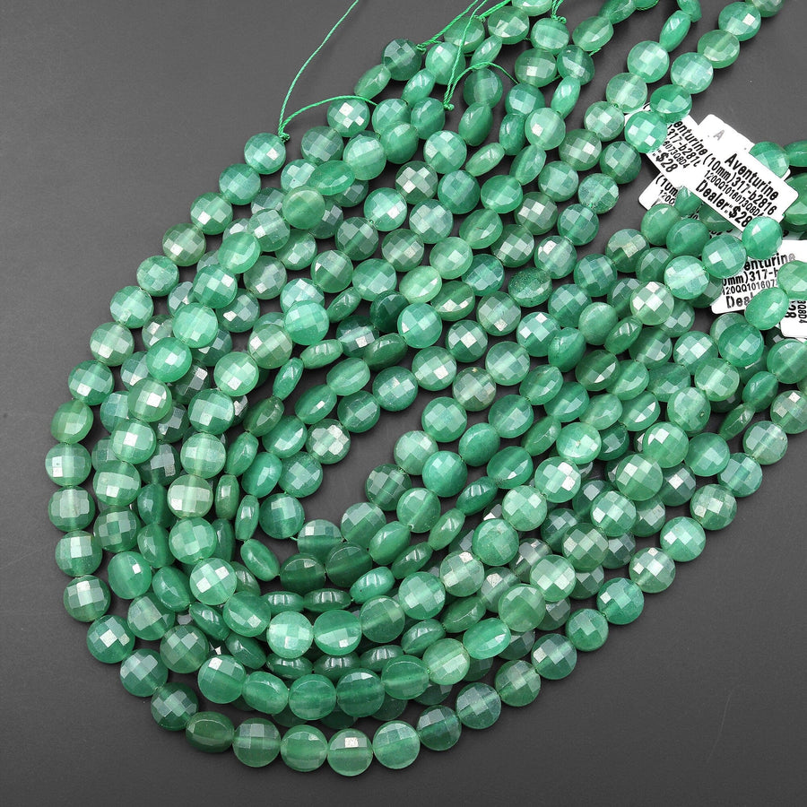 Natural Green Aventurine Beads Faceted 10mm Coin Gemstone 15.5" Strand