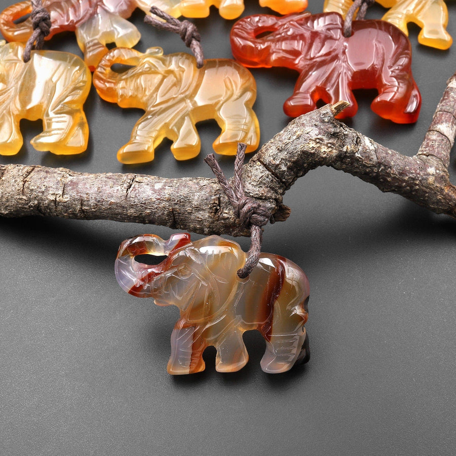 Hand-Carved Natural Red Brown Carnelian Agate Elephant Pendant A6
