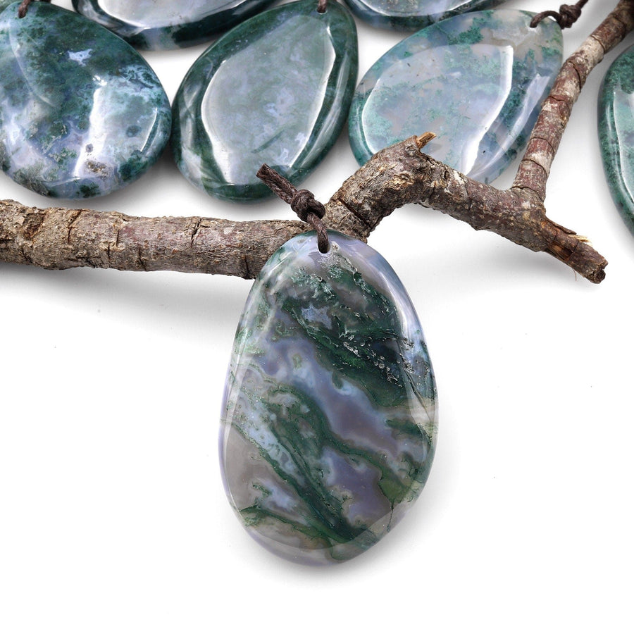 Natural Green Moss Agate Freeform Teardrop Pendant Gemstone Focal Bead A5