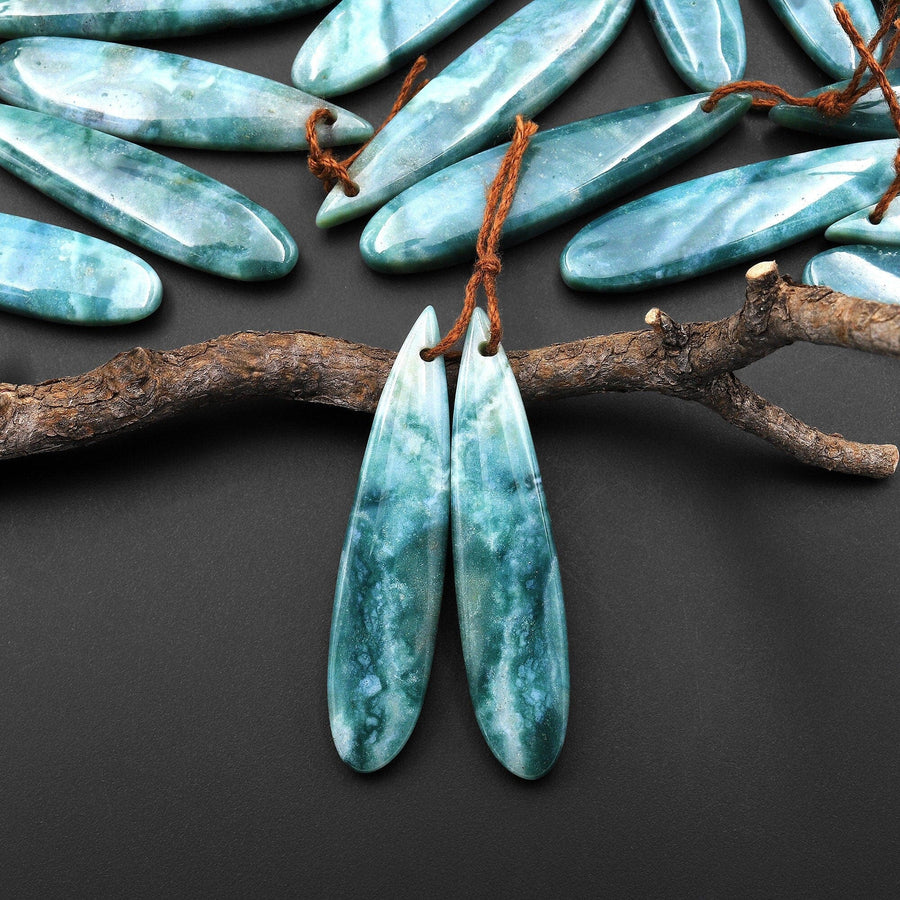Natural Green Mountain Jade Long Slender Teardrop Earrings Matched Gemstone Bead Pair A1