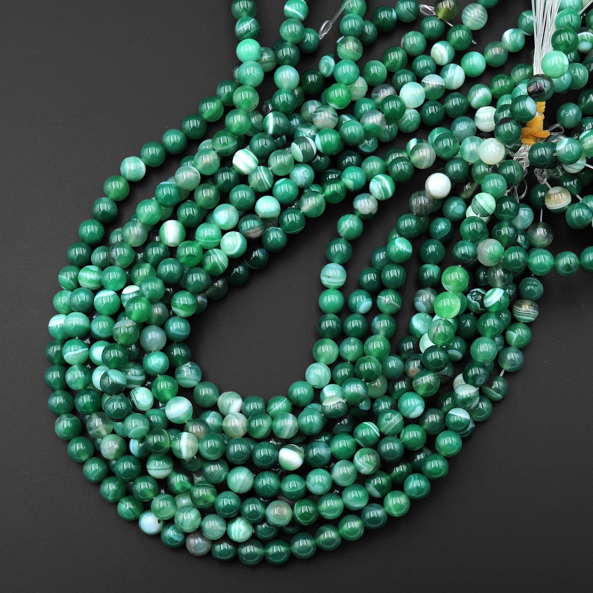 縞瑪瑙 卵石 緑 striped agate Green Striped Agate 6mm 8mm Smooth Round Beads Amazing Veins Bands