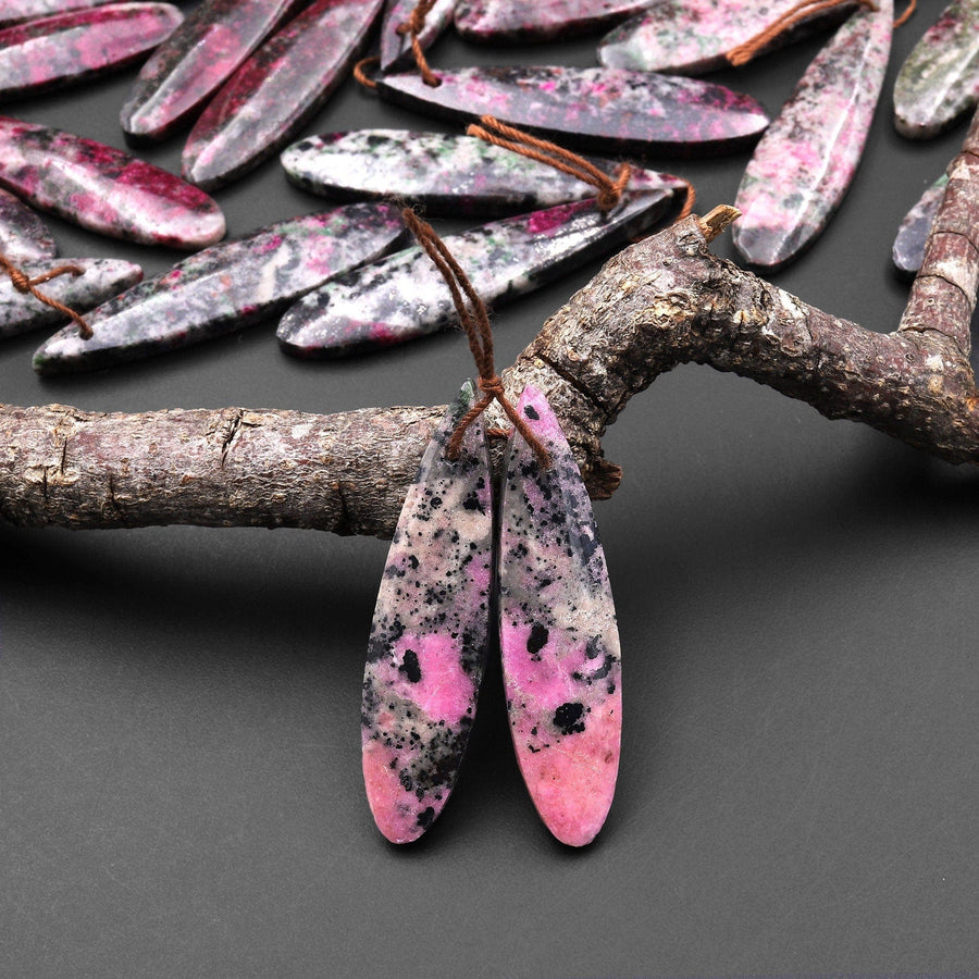 Rare Natural Pink Cobalto Calcite Black Heterogenite Teardrop Drilled Matched Gemstone Earring Bead Pair A1