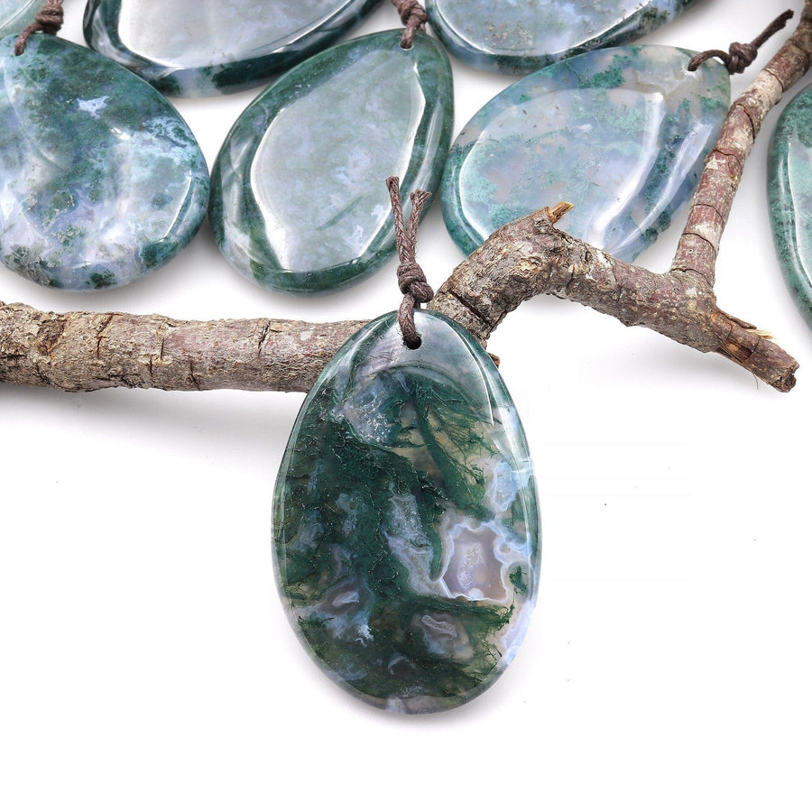 Natural Green Moss Agate Freeform Teardrop Pendant Gemstone Focal Bead A2