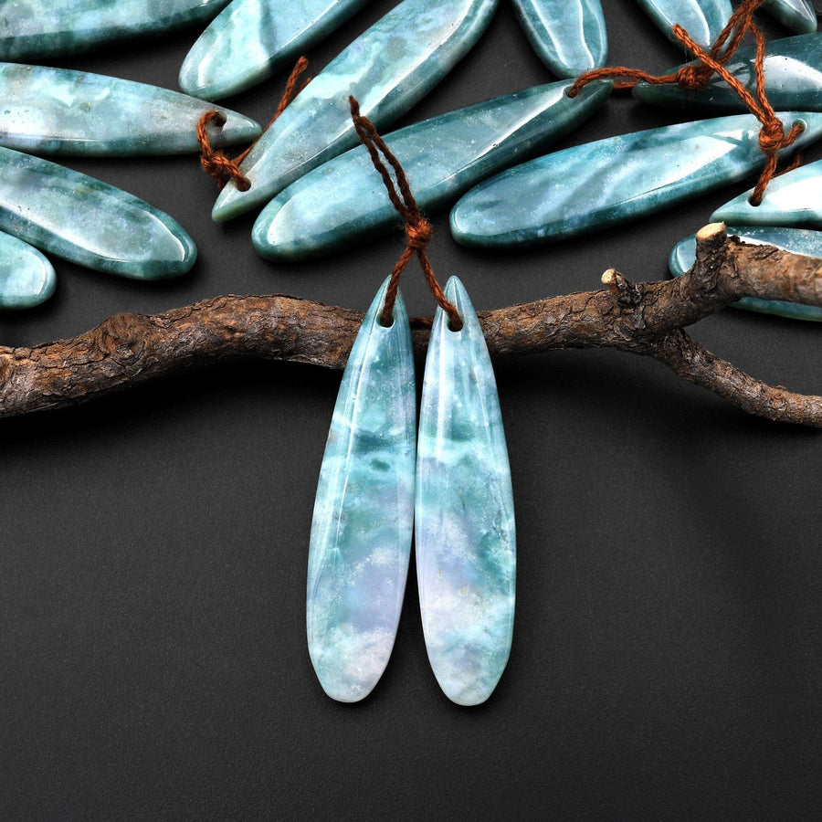 Natural Green Mountain Jade Long Slender Teardrop Earrings Matched Gemstone Bead Pair A55