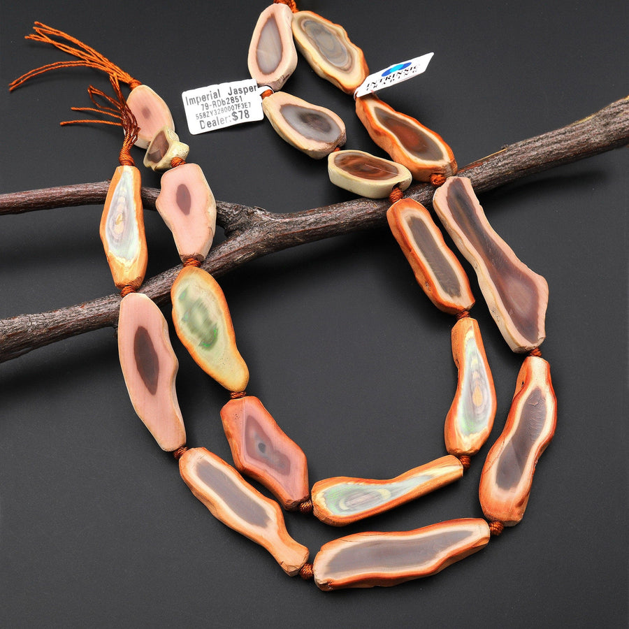 Rare Natural Mexican Imperial Jasper Beads Freeform Nodule Long Flat Slice Colorful Orange Red Pink Green Mauve 15.5" Strand
