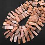 Natural Peach Moonstone Beads Cleopatra Style Freeform Thick Rectangle Spikes 15.5" Strand