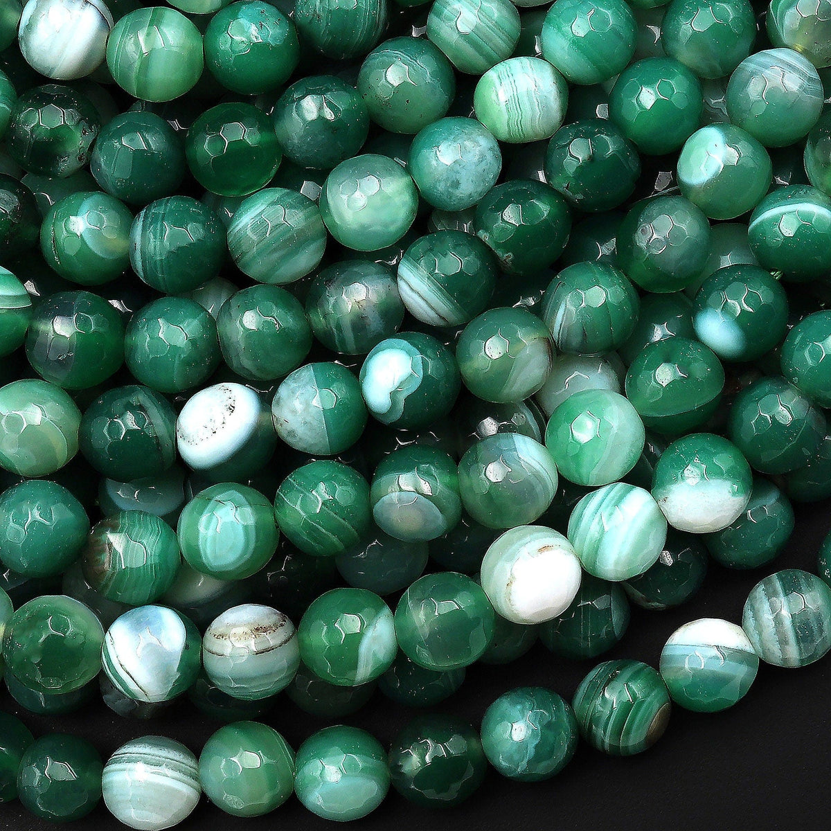 縞瑪瑙 卵石 緑 striped agate Faceted Green Striped Agate 6mm 8mm Smooth Round Beads Amazing