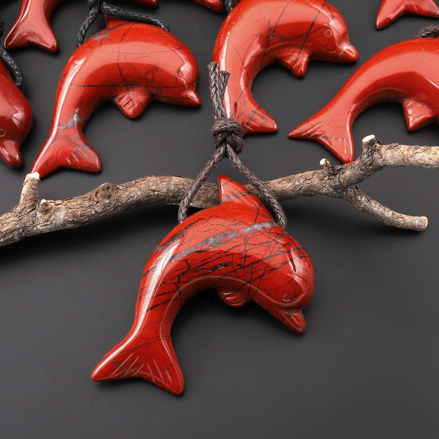 AAA Natural Red Jasper Dolphin Carved Gemstone Side Drilled Pendant A3