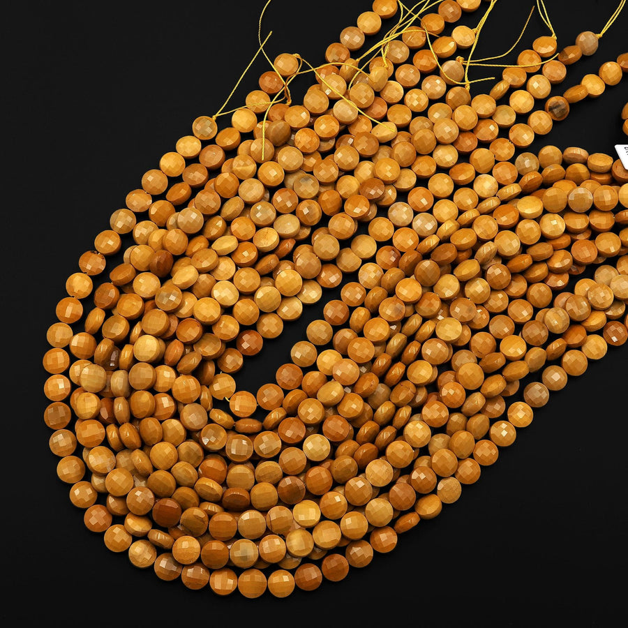 Faceted Natural Australian Yellow Mookaite 8mm Coin Beads Gemstone 15.5" Strand