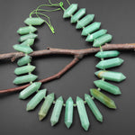 Natural Green Aventurine Beads Double Terminated Points Top Side Drilled Thin Long Healing Natural Crystal 15.5" Strand