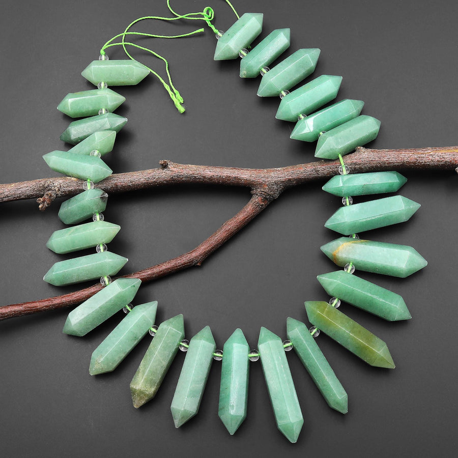 Natural Green Aventurine Beads Double Terminated Points Top Side Drilled Thin Long Healing Natural Crystal 15.5" Strand
