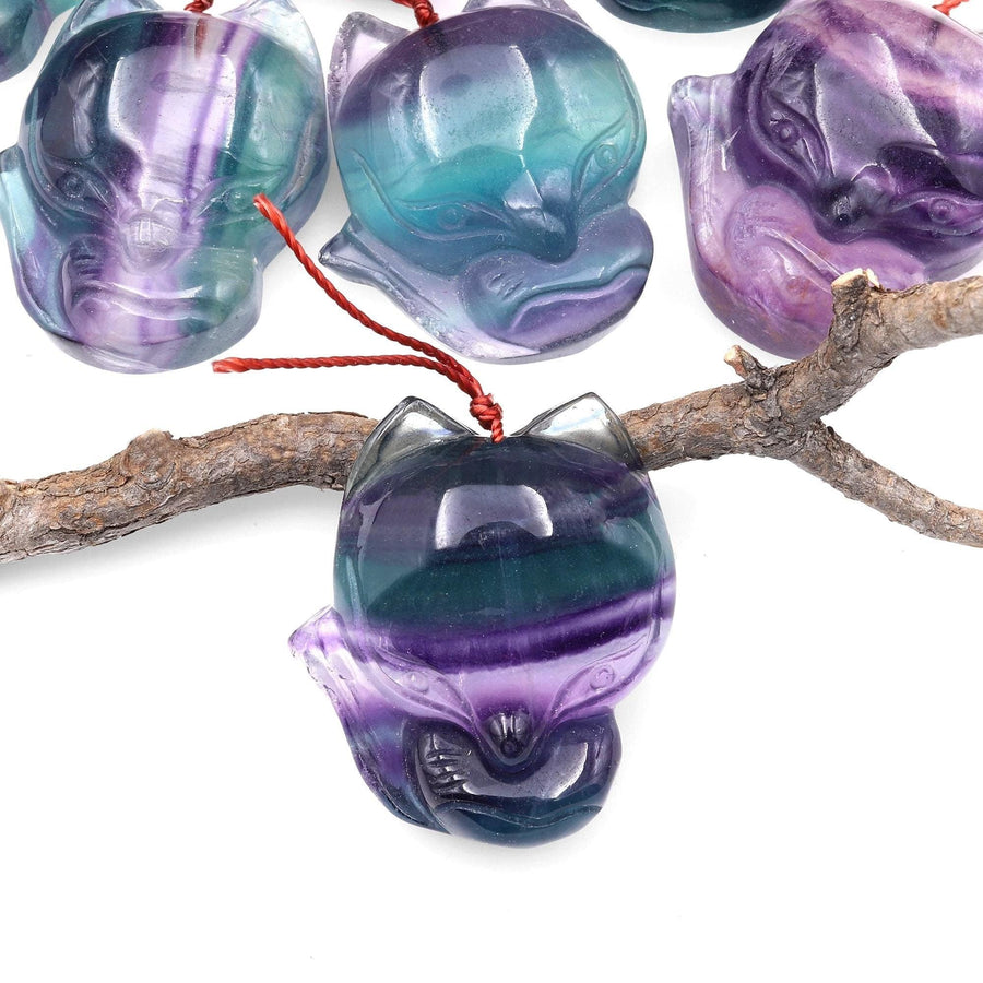 Hand Carved Natural Fluorite Fox Gemstone Pendant A3