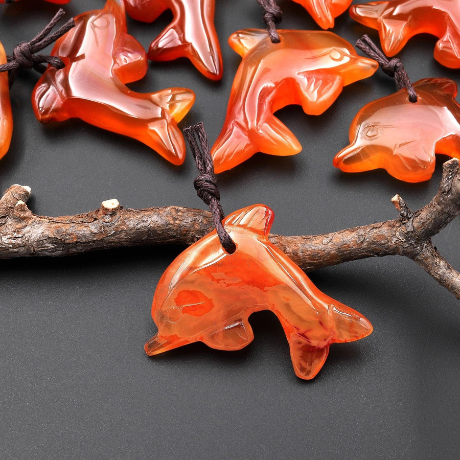 Hand-Carved Natural Orange Red Carnelian Agate Dolphin Pendant A3