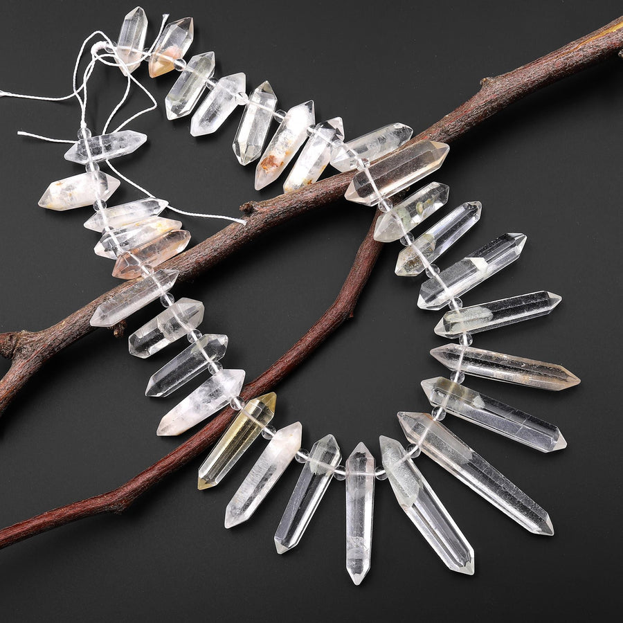 Rare Natural Rock Quartz Beads W Lodalite Matrix Top Drilled Double Terminated Points 15.5" Strand