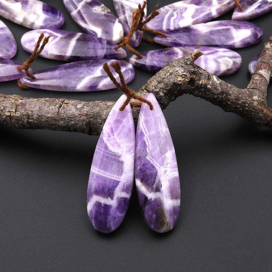 Natural Purple Chevron Amethyst W/ White Stripes Earring Pair Teardrop Matched Gemstone Beads A7