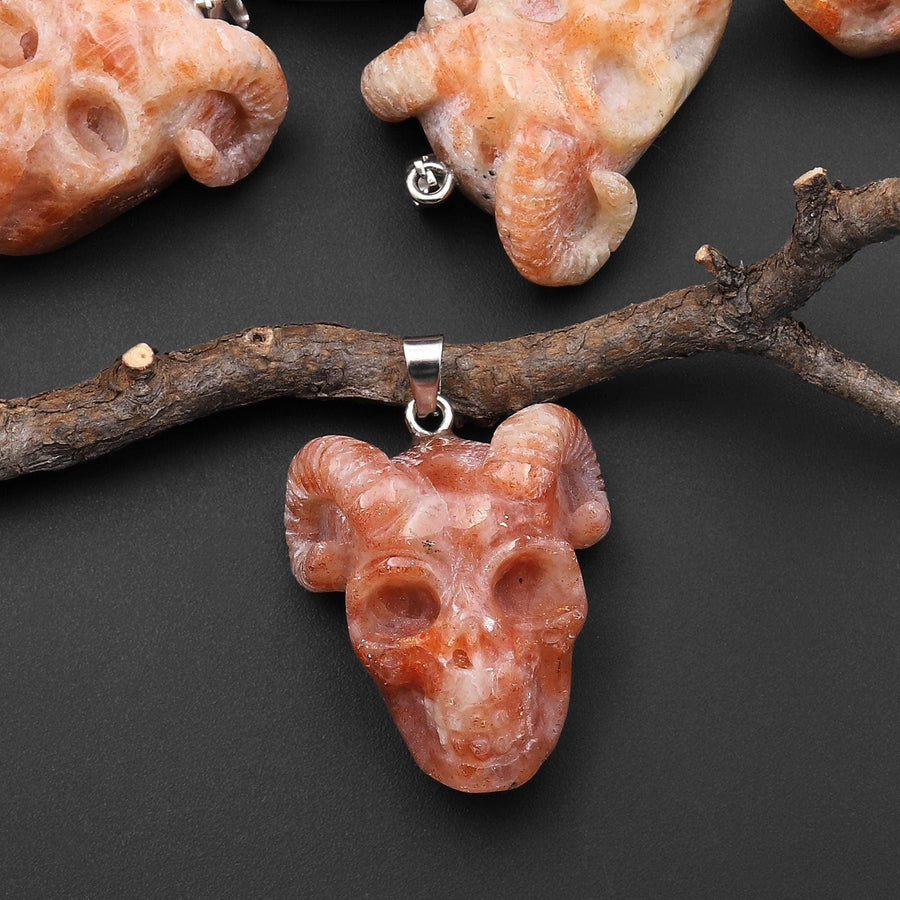 Hand Carved Natural Sunstone Goat Horn Skull Pendant A3