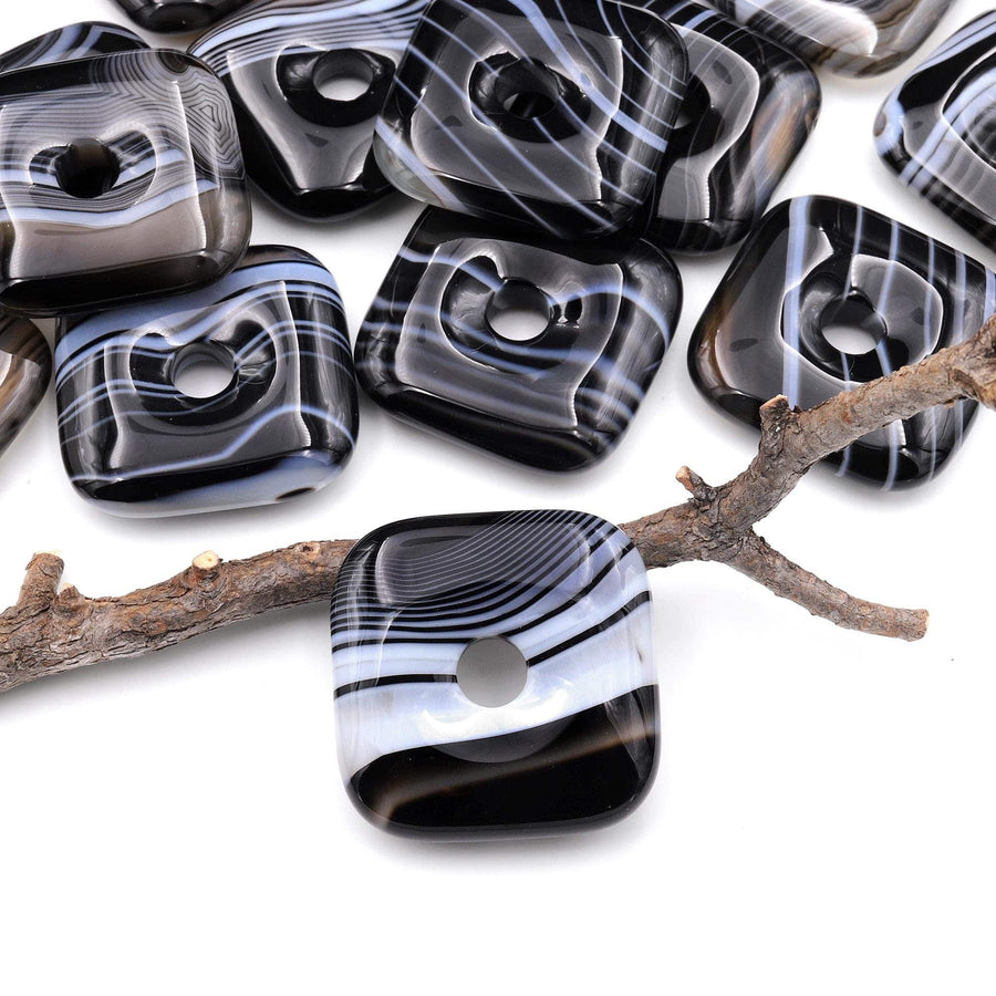 AAA Natural Black Agate Square Donut Pendant 30mm A4