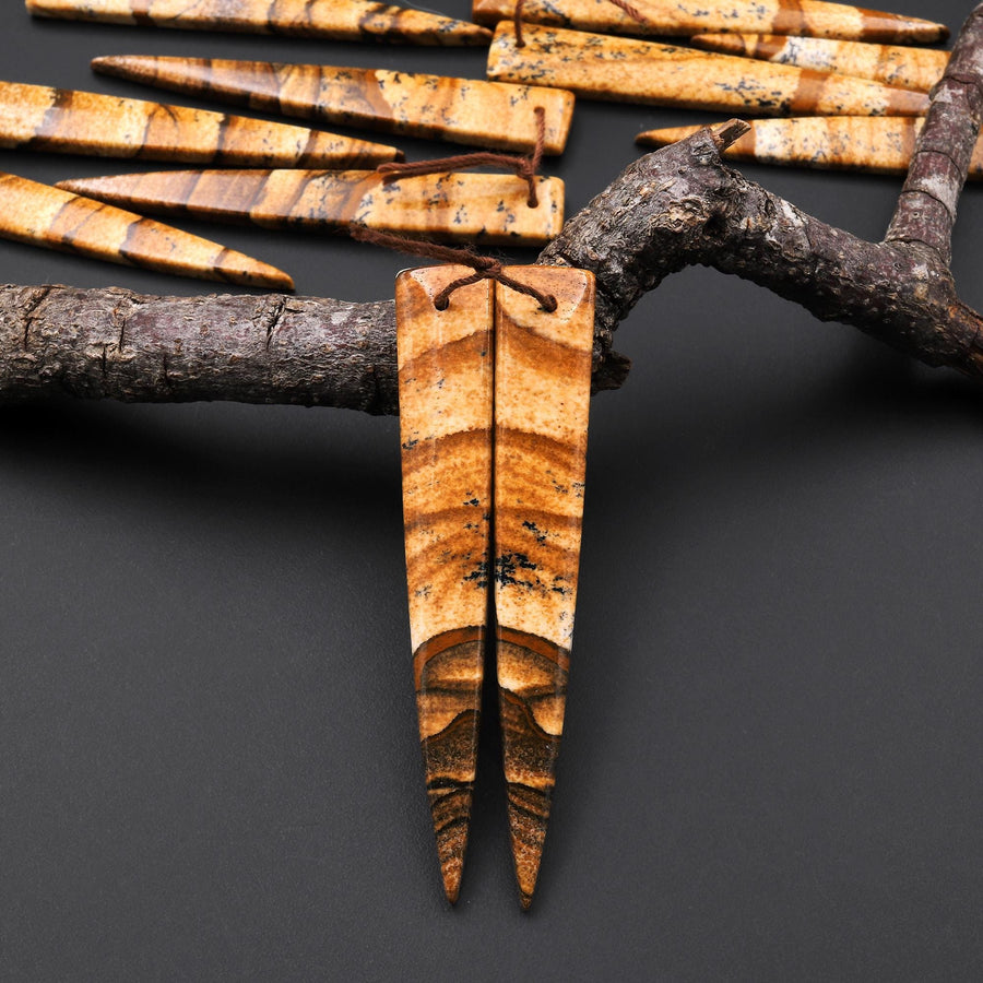 AAA Drilled Natural Scenic Picture Jasper Oblong Triangle Dagger Earring Cabochon Matched Gemstone Bead Pair A1