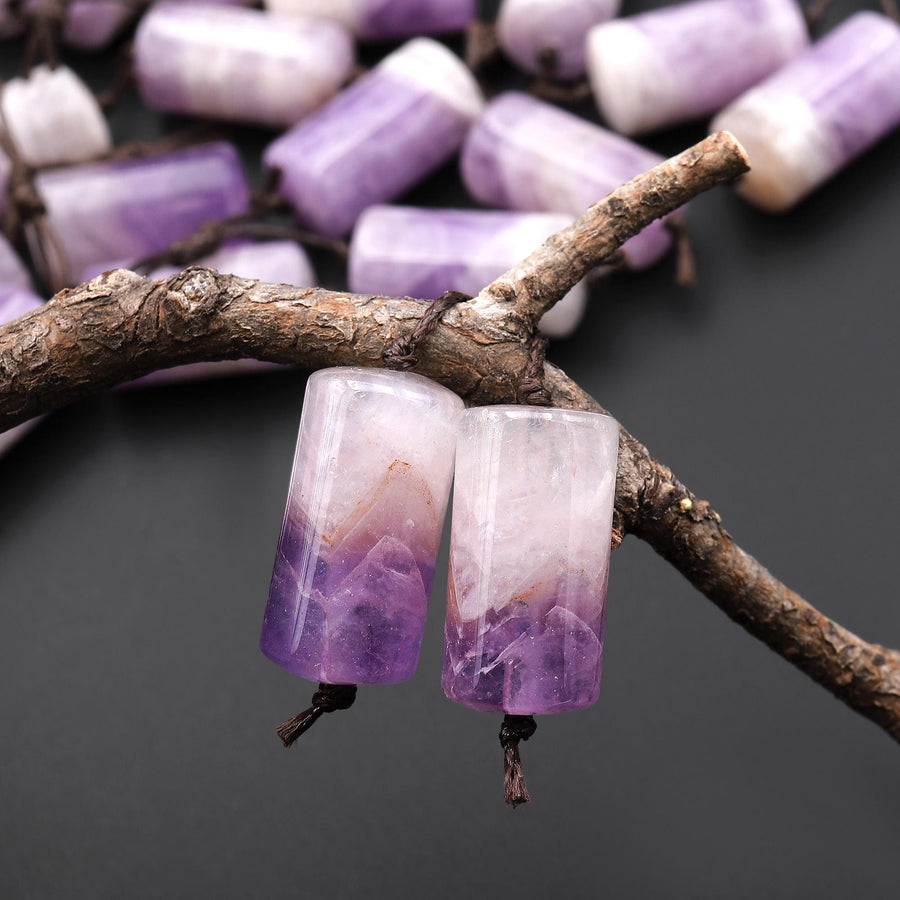 Natural Light Purple Rainbow Amethyst Earring Pair Matched Cylinder Tube 20mm Gemstone Beads A6