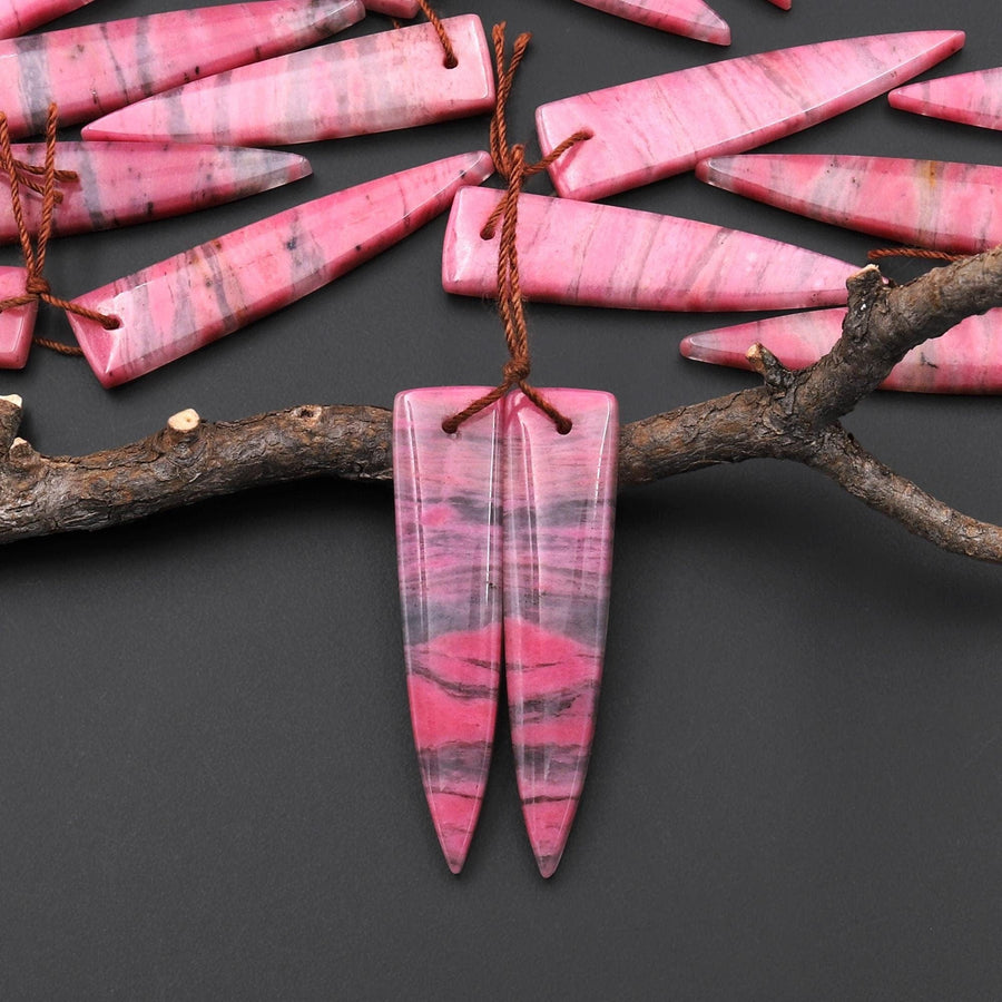 AAA Natural Pink Rhodonite In Quartz Earring Pair Dagger Inverted Triangle Drilled Matched Gemstone Beads A4