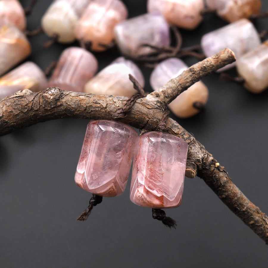 Rare Translucent Natural Rainbow Amethyst Earring Pair Matched Short Cylinder Tube 14x10mm Gemstone Beads A4