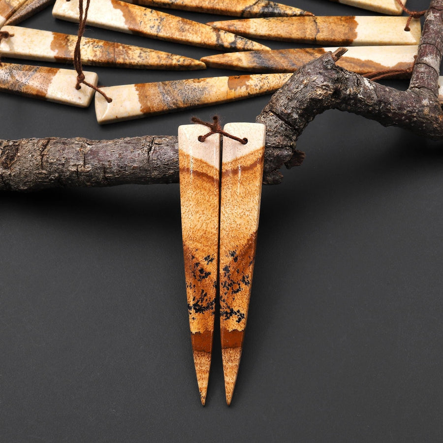 AAA Drilled Natural Picture Jasper Long Triangle Dagger Earring Cabochon Matched Gemstone Bead Pair A5