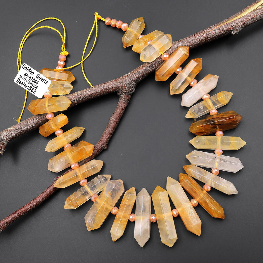 Natural Golden Healer Quartz Double Terminated Point Beads Center Drilled Gemstone 15" Strand A3