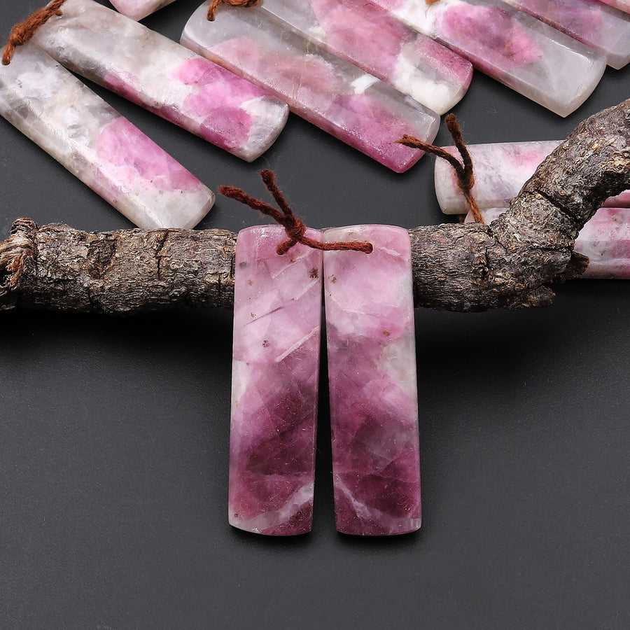 Natural Pink Tourmaline in Quartz Rectangle Earring Drilled Matched Gemstone Bead Pair A1