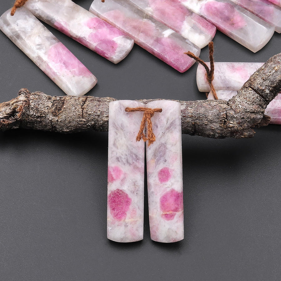 Natural Pink Tourmaline in Quartz Rectangle Earring Drilled Matched Gemstone Bead Pair A9