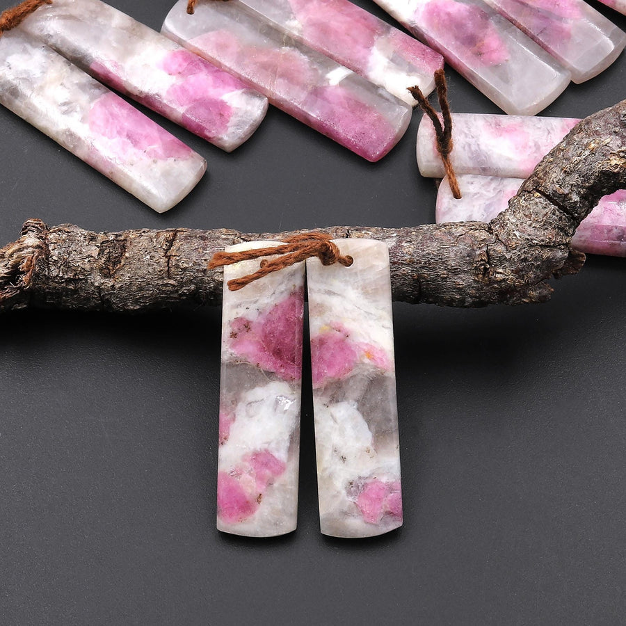 Natural Pink Tourmaline in Quartz Rectangle Earring Drilled Matched Gemstone Bead Pair A14