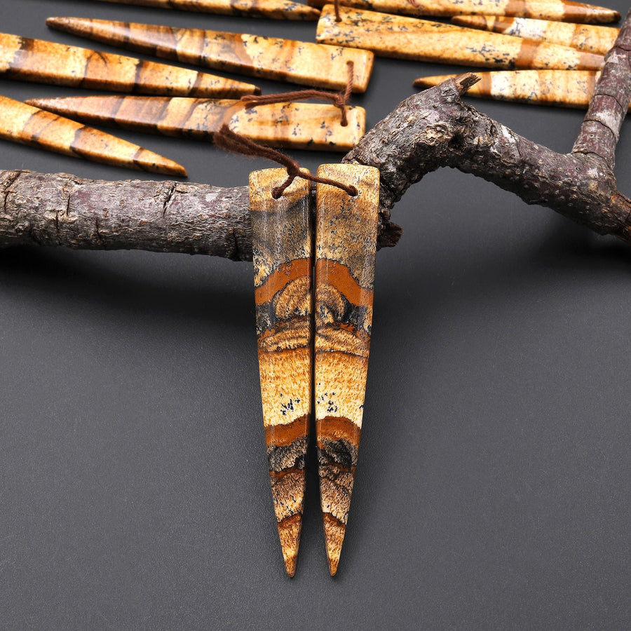 AAA Drilled Natural Scenic Picture Jasper Oblong Triangle Dagger Earring Cabochon Matched Gemstone Bead Pair A3