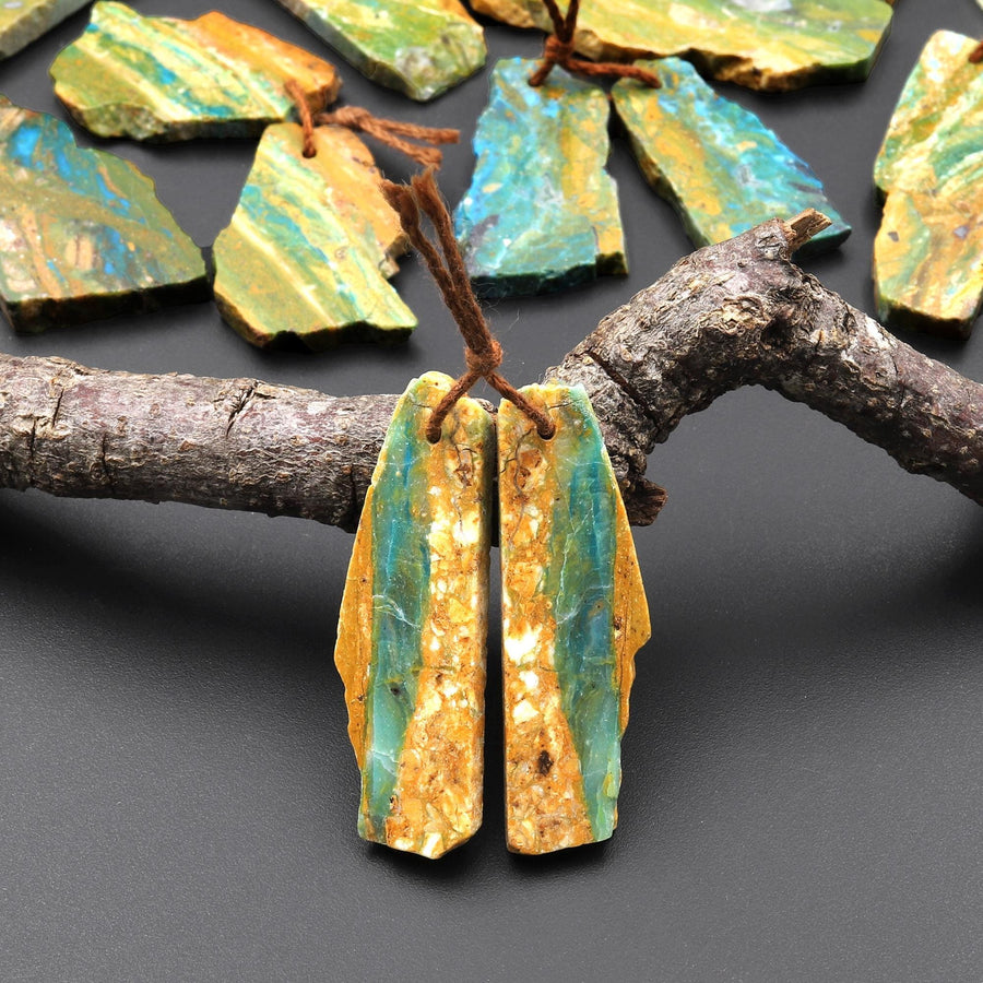 Drilled Natural Peruvian Blue Green Opal Earring Pair Hand Cut Freeform Gemstone Matched Beads A9