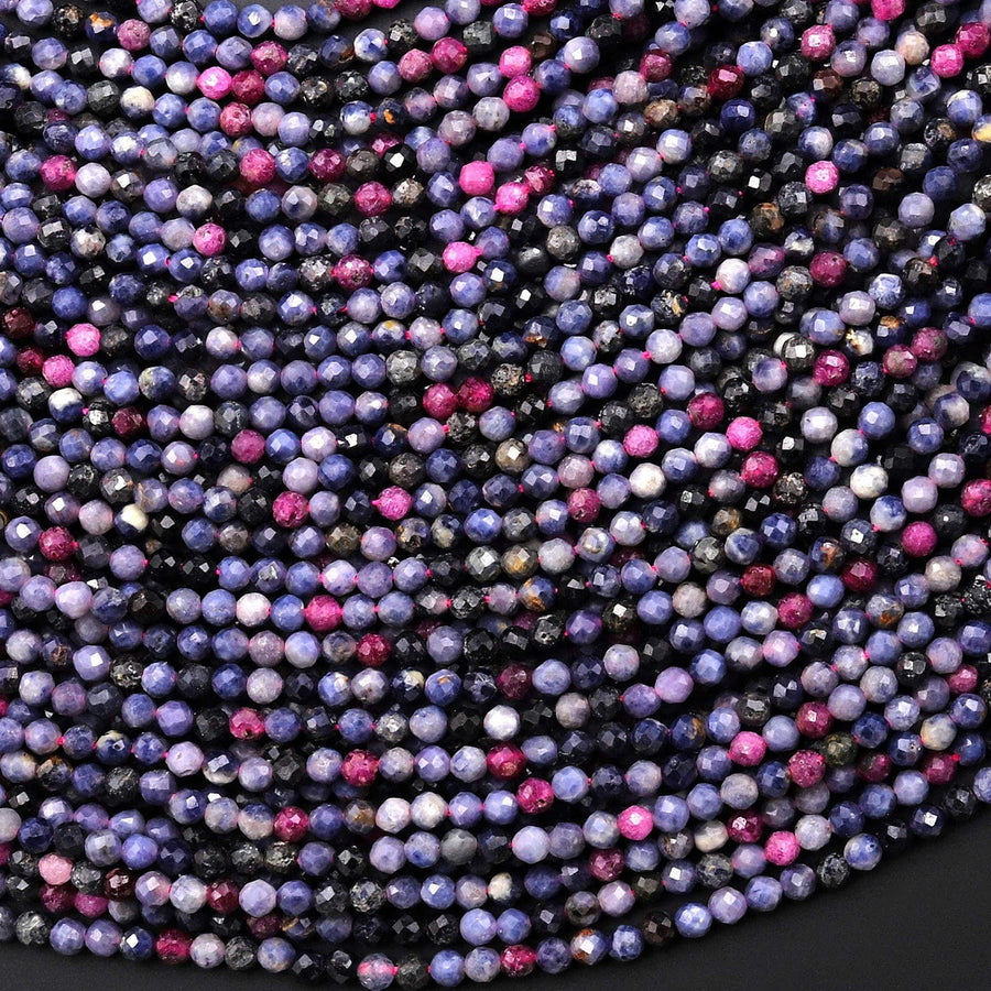 Faceted Natural Blue Sapphire Red Ruby 2mm Round Gemstone Beads 15.5" Strand