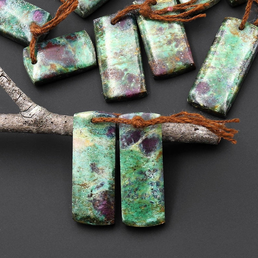Natural Ruby Fuchsite Earring Pair Rectangle Matched Gemstone Beads A1