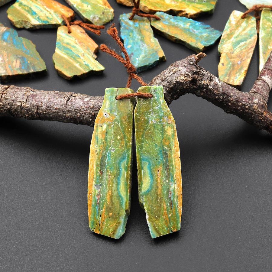 Drilled Natural Peruvian Blue Green Opal Earring Pair Hand Cut Freeform Gemstone Matched Beads A11