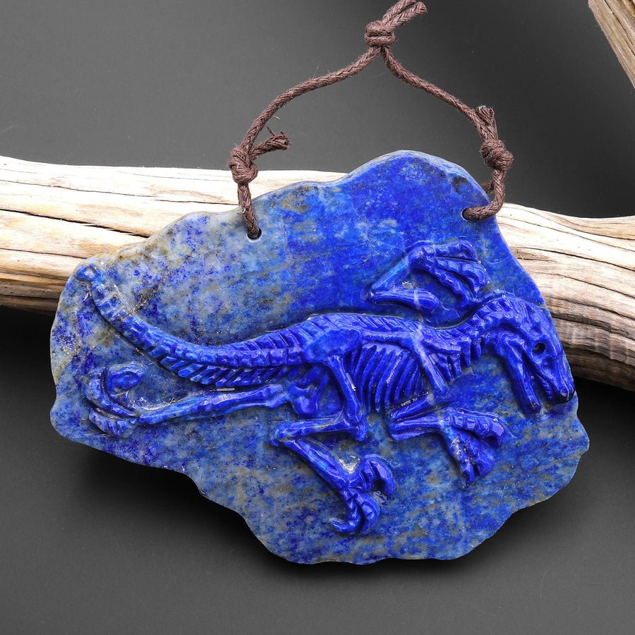 Hand Carved One-of-Kind Natural Blue Lapis Dinosaur Dragon 2 Hole Pendant A4