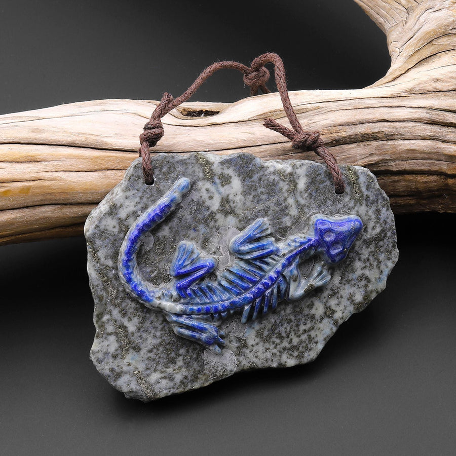 Hand Carved One-of-Kind Natural Blue Lapis Dinosaur Dragon 2 Hole Pendant A12
