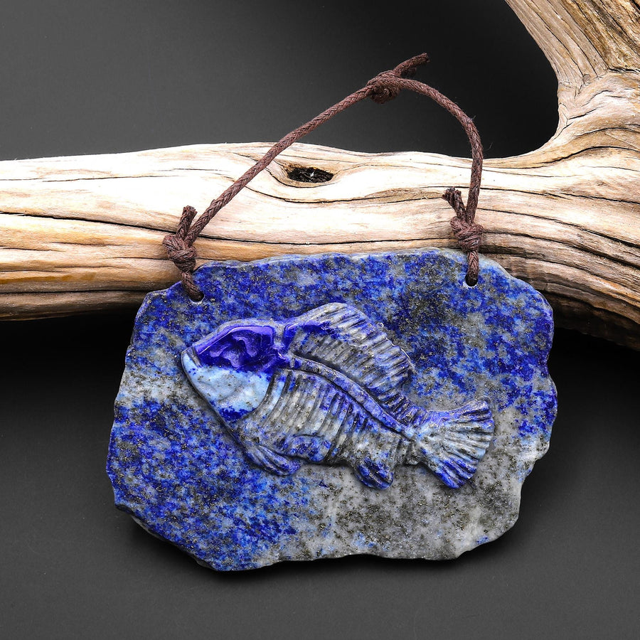 Hand Carved One-of-Kind Natural Blue Lapis Fish 2 Hole Pendant A25