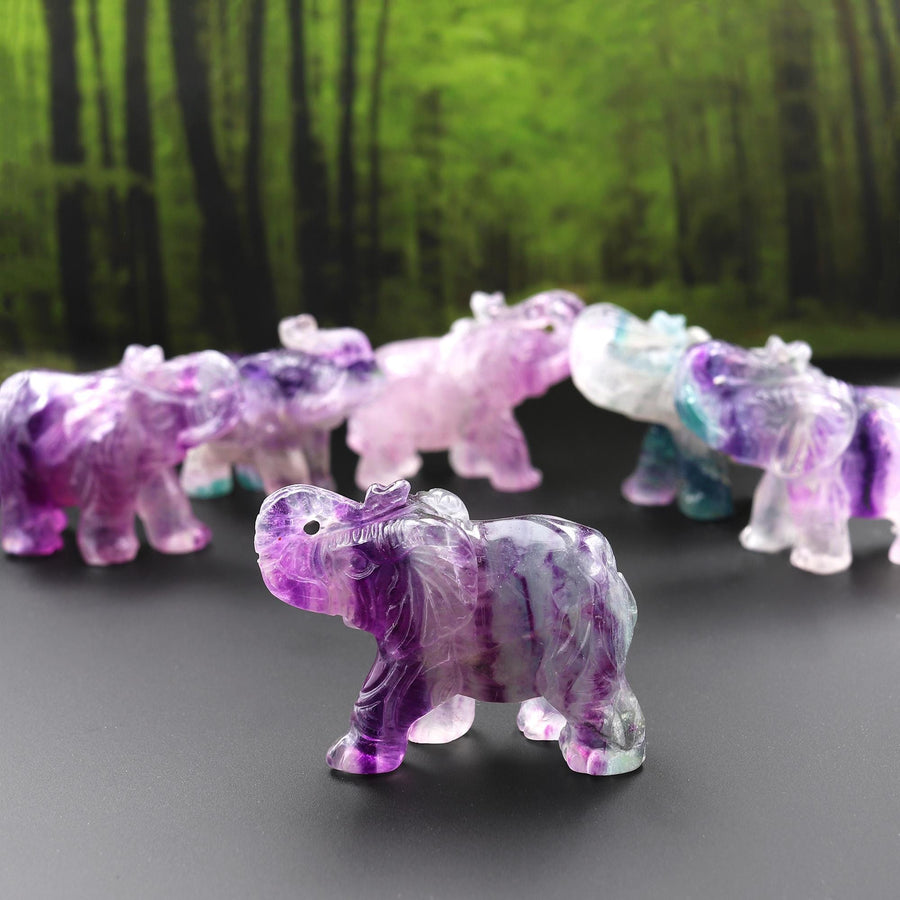 Hand-Carved Natural Fluorite Elephant Figurine Crystal Miniature A3