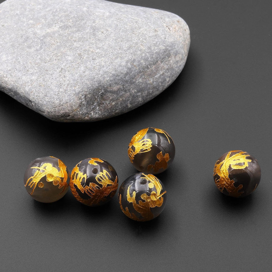 AAA Natural Black Moonstone Hand Carved Gold Dragon 9mm 11mm 12mm Round Gemstone Beads