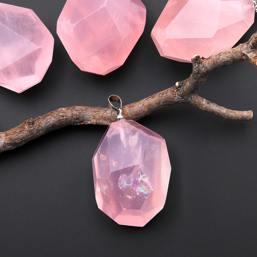 AAA Translucent Faceted Natural Madagascar Pink Rose Quartz Nugget Crystal Pendant A1