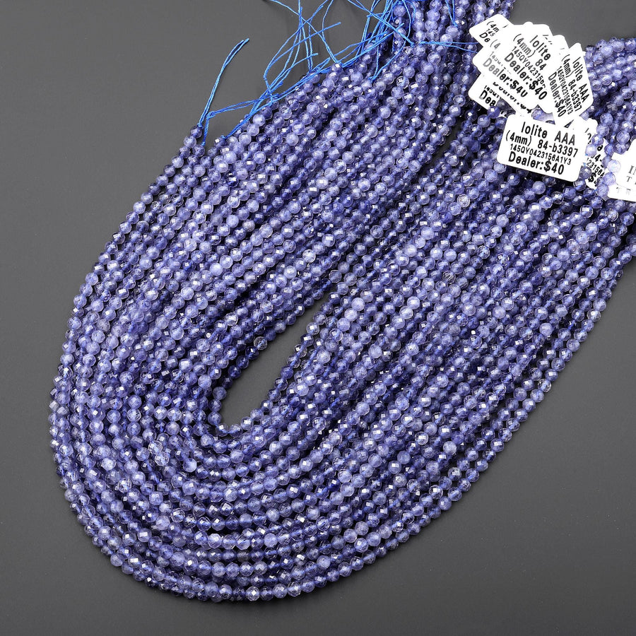 AAA Natural Blue Iolite Faceted 4mm Round Beads 15.5" Strand