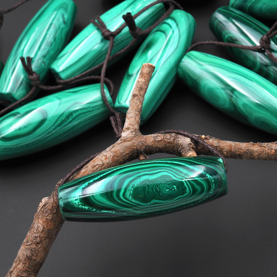 AAA Hand Cut Natural Malachite Long Drum Barrel Focal Bead Pendant A1