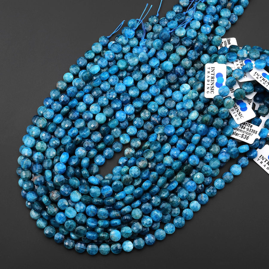 Natural Teal Blue Apatite Faceted Coin 8mm Beads Gemstone 15.5" Strand