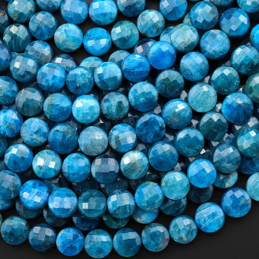 Natural Teal Blue Apatite Faceted Coin 8mm Beads Gemstone 15.5" Strand