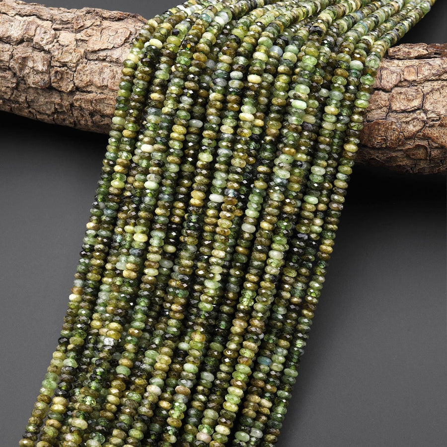 Faceted Natural Green Tourmaline 4mm Thin Rondelle Beads Diamond Cut Gemstone 15.5" Strand