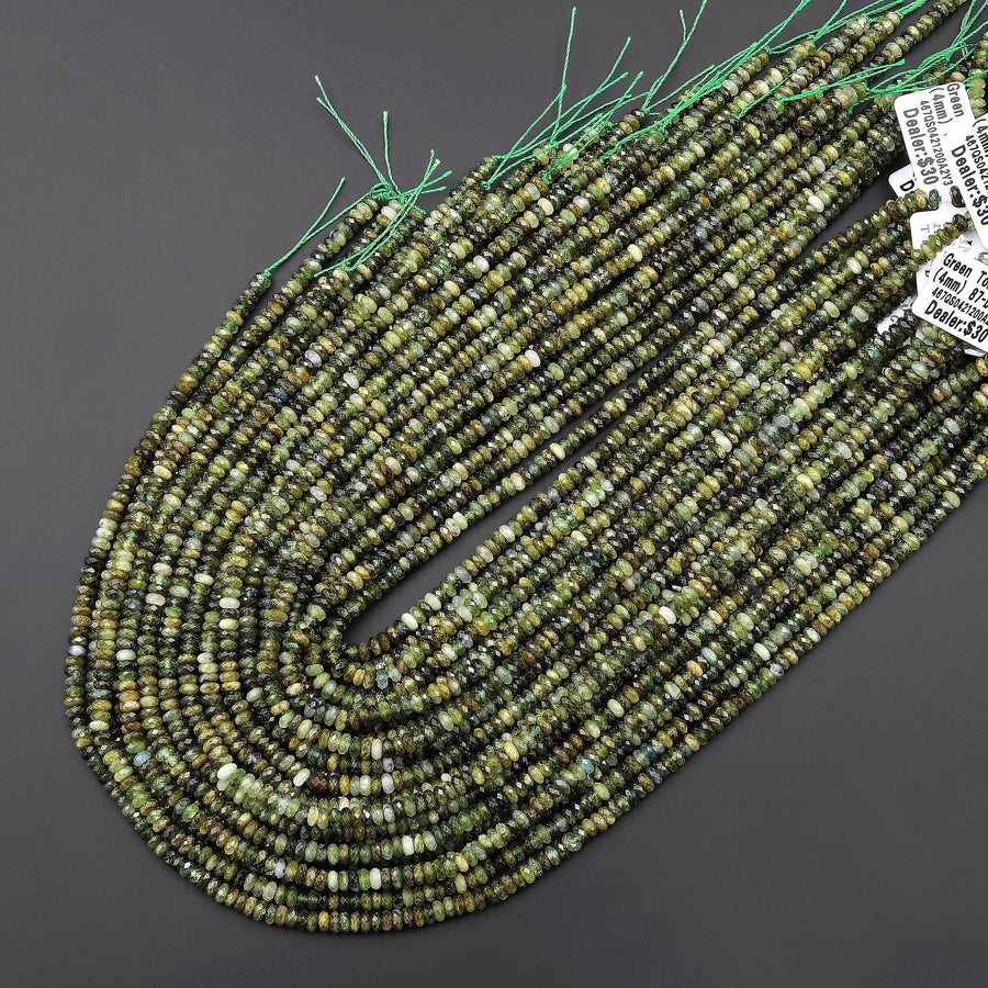 Faceted Natural Green Tourmaline 4mm Thin Rondelle Beads Diamond Cut Gemstone 15.5" Strand