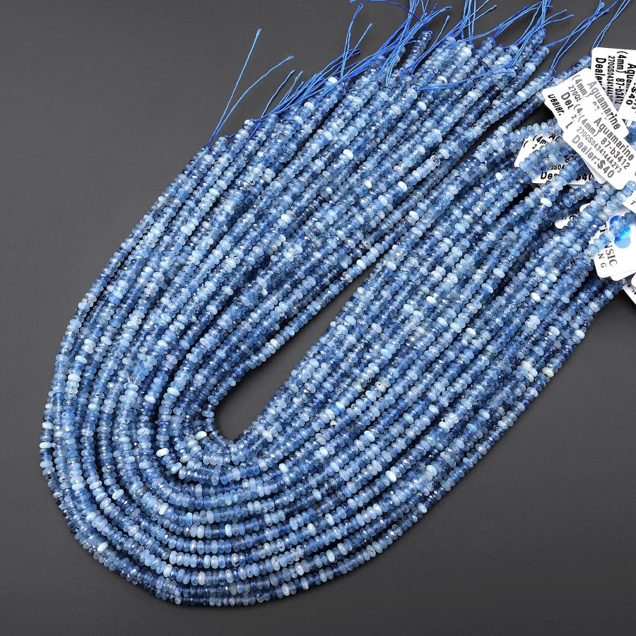 AAA Faceted Natural Stormy Blue Santa Maria Aquamarine Thin Rondelle Beads 4mm Gemstone 15.5" Strand