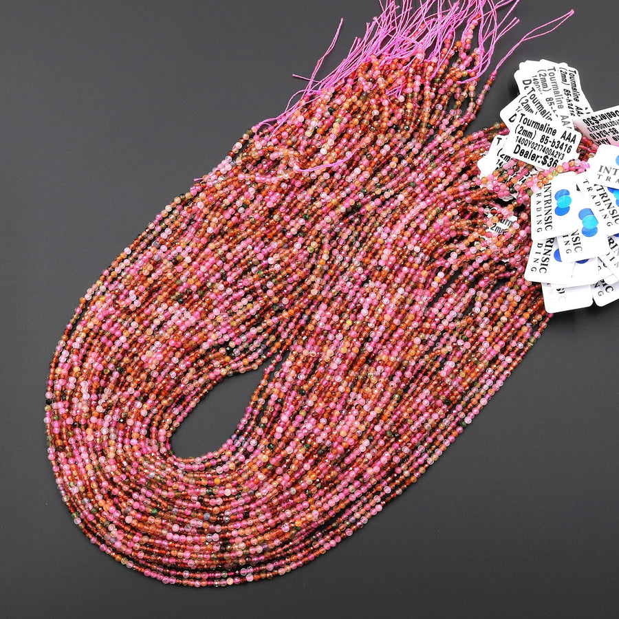 AAA Micro Faceted Natura Tourmaline Round Beads 2mm Vibrant Pink Orange Gemstone 15.5" Strand